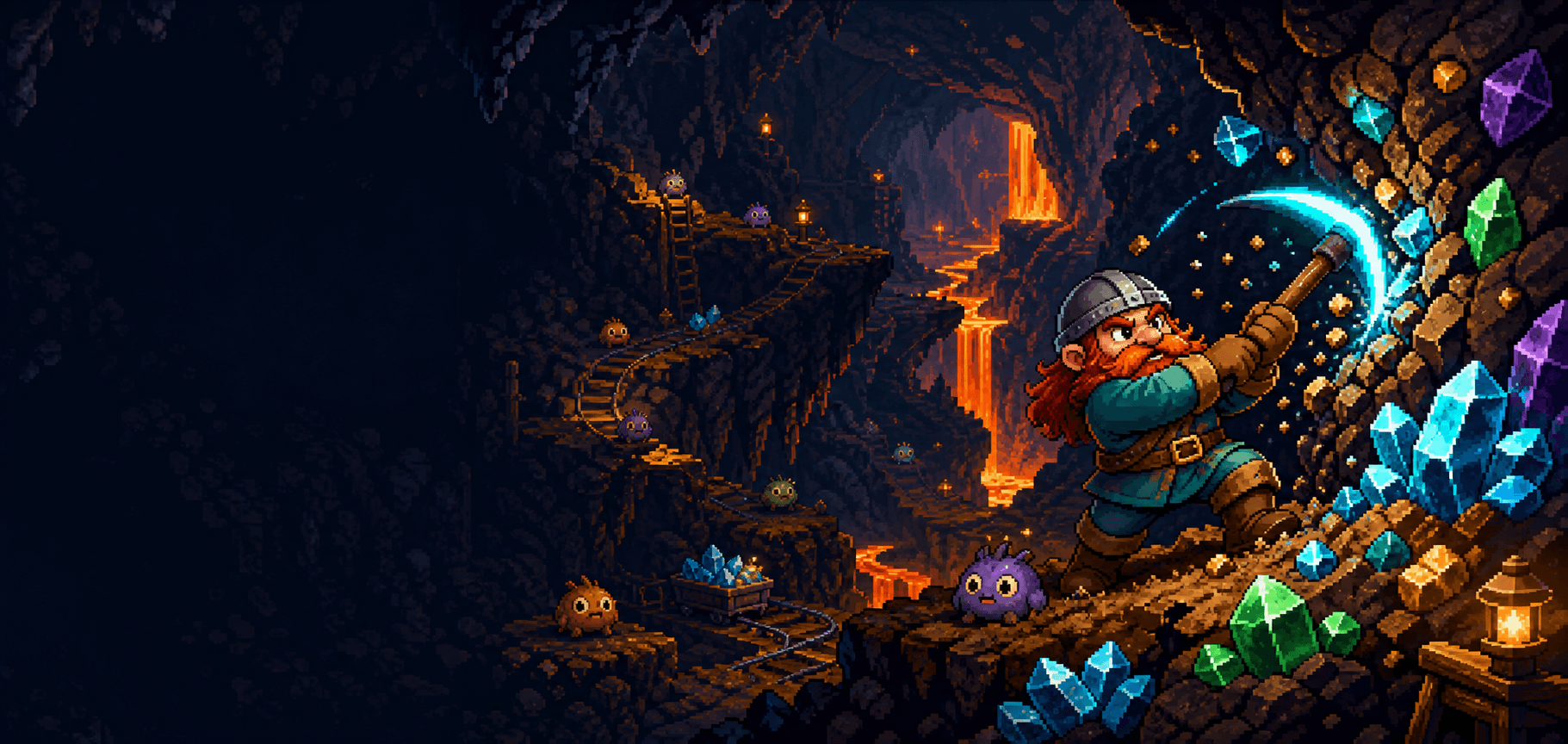 Pixel-art dwarf mining glowing crystals in a deep cavern