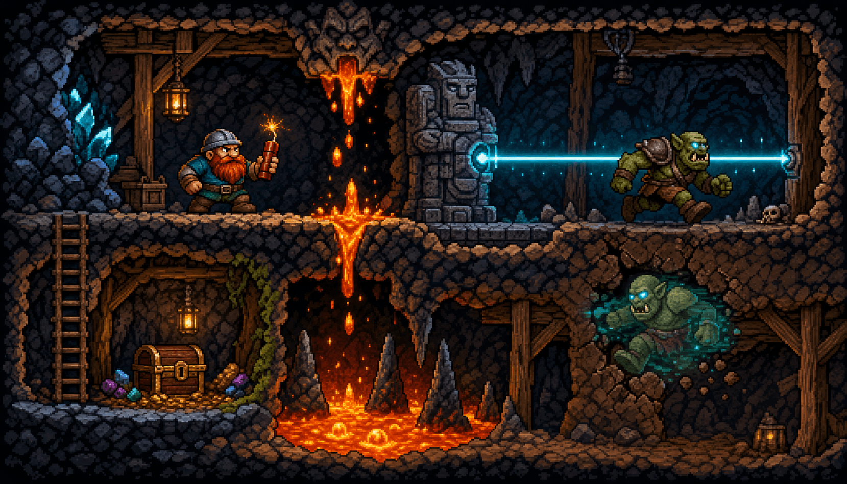 Pixel-art mine showing dynamite, lava, laser traps, treasure, and orcs