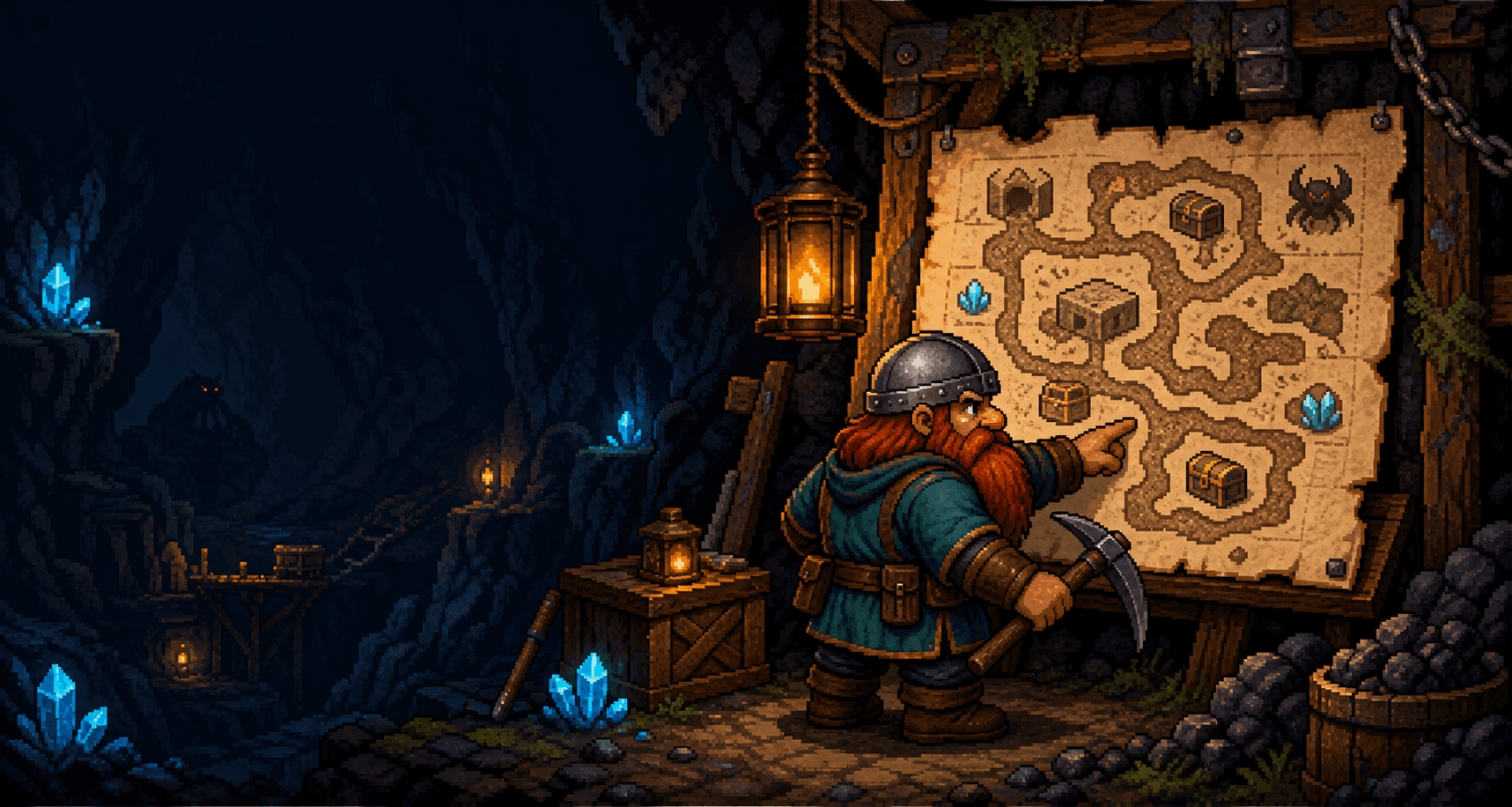Pixel-art dwarf studying a map of the mines